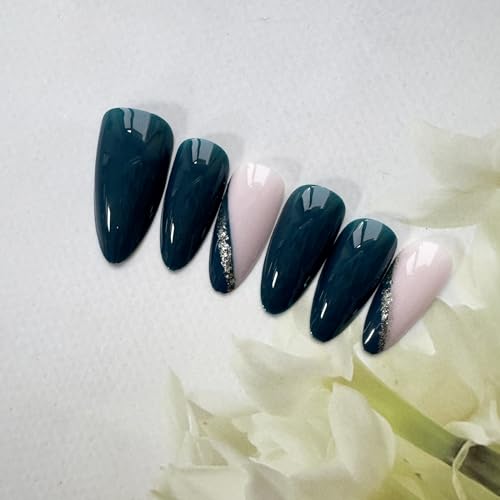 24pcs Medium Almond Shape Dark Green Press on Nails with Gold Glitter Line for Women - Image 5