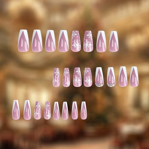 Christmas Press on Nails Coffin Medium Fake Nails White French Tip False Nails With Rhinestones Snowflake Designs Acrylic Stick on Nails Full Cover Artificial Nails for Women Winter Xmas 24Pcs - Image 4