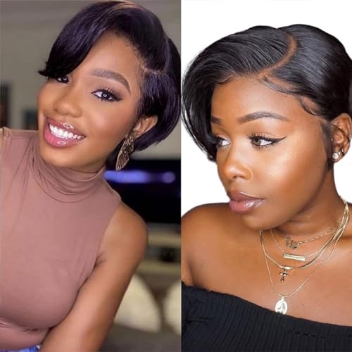 Short Pixie Cut Bob Wigs T Part Lace Front Wigs for Black Women Straight Short Bob Wigs Human Hair Wigs Pre Plucked with Baby Hair Natural Hairline