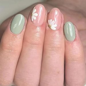 Summer Press on Nails Oval Fake Nails Full Cover Green Pink Solid Color Glue on Nails with White Flower Design Acrylic Nails False Nails for Women Girls Young Cute Stick on Nails 24pcs
