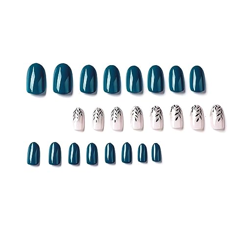 24 Pcs Fall Press on Nails Medium, LPOODDNU Almond Press on Nails Black Leaf Fake Nails, Full Cover Blue Glue on Nails, Reusable Stick on Nails - 24Pcs Medium Almond False Nails Set - Image 5