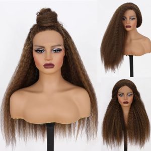 Brown Highlight Blonde Ombre Kinky Straight Lace Front Wig for Black Women 13x4
