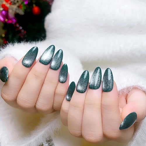 Medium Press On Nails Almond Fake Nails With Blue White Cat Eyes Designs Reuseable False Nails Acrylic Nails Press Ons Full Cover Glue On Nails Artificial Glossy Stick On Nails For Women - Image 3
