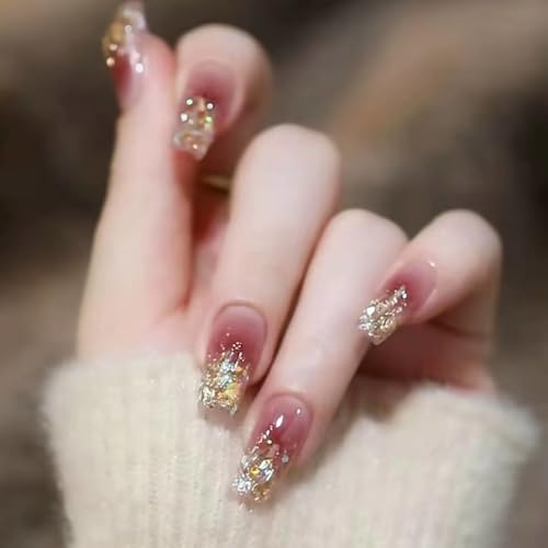Blush Press on Nails with Charms Red Gradient Fake Nails Medium Length Coffin Nails with Designs Shiny False Nails Square Shape Full Cover Acrylic Nails for Women Girls Manicure Nail Decoration - Image 2