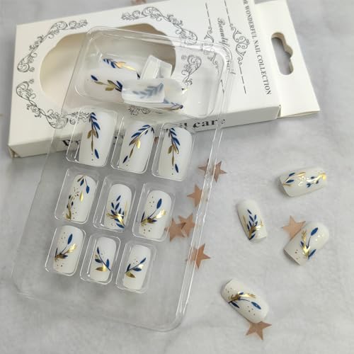 24Pcs White Press on Nails Square Medium Short Acrylic Fake Nails Gold Blue Splicing Leaves Design False Nails Full Cover Leaf Glue on Nails Reusable Coffin Artificial Stick on Nails for Women Girls - Image 3