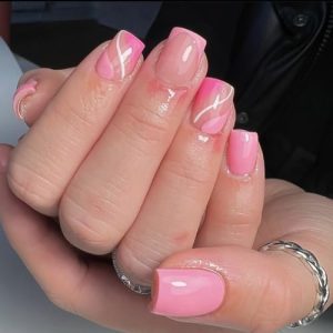 24 Pcs/Set Pink Press on Nails Short Square - SHANRUN Spring Nude Lines Design Fake Nails French Glossy Gel X Nail Tips Full Cover Acrylic Nails Press ons with Nail File Stick Jelly Glue on Nails Kit