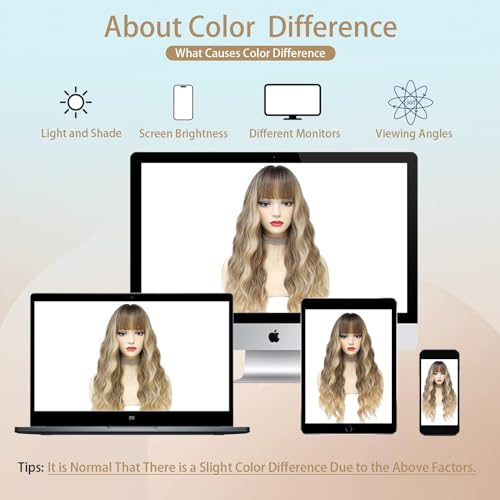 Blonde Wavy Wig with Bangs for Women, 26 Inch Long Blonde Wigs with Bangs for Women, Natural Looking Curly Blonde Wig, Heat Resistant Synthetic Wig, Middle Part Ombre Blonde Wavy wig for Daily - Image 7