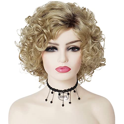 GNIMEGIL Short Curly Synthetic Brown Ombre Blonde Afro Kinky Wig for Black Women 6-inch - Image 2