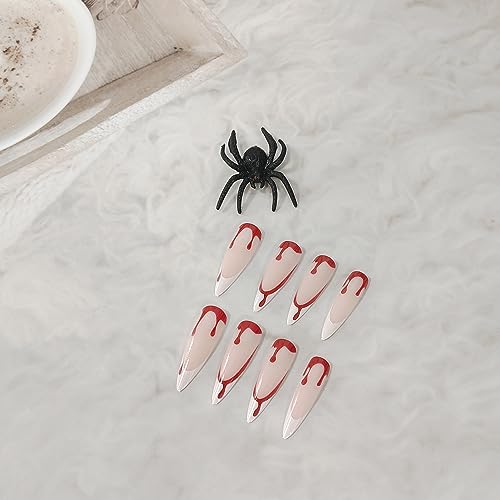 24Pcs Halloween Press on Nails Medium Length Horror Bloody Fake Nails White French Tips Nails Full Cover False Nails with Nail Glues Halloween Nail Art Natural Reusable Stick on Nails for Women and Girls Nails Decoration - Image 5