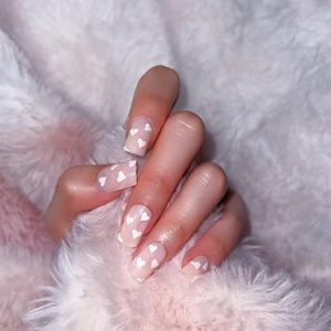 Press on Nails,Bare Pink White Heart Short Acrylic False Nails, Square Shape, Valetines Day Press on Nails,Reusable False Nails Kit with Nail Glue Jelly, 24pcs (7251-Bare Pink)