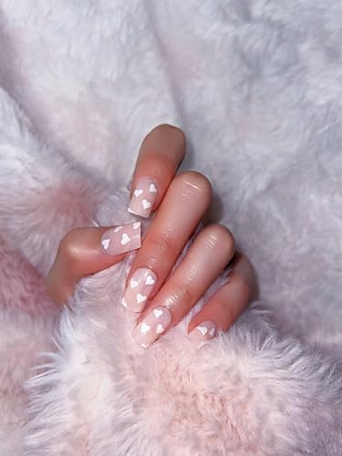 Press on Nails,Bare Pink White Heart Short Acrylic False Nails, Square Shape, Valetines Day Press on Nails,Reusable False Nails Kit with Nail Glue Jelly, 24pcs (7251-Bare Pink)