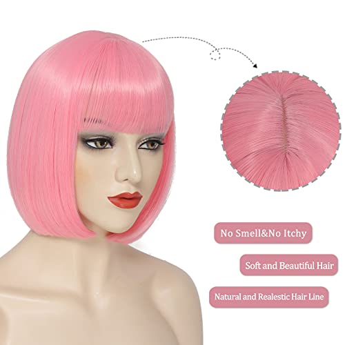 Pink Bob Wig With Bangs Short Pink Bob Wigs For Women Straight Bob Bangs Wig 10 Inch Heat Resistant Synthetic Hair Natural Looking For Daily Party Use - Image 4