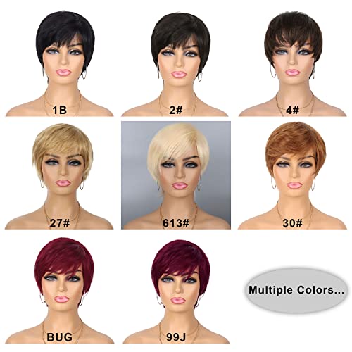 Glueless Wear and Go Wig Pixie Cut Short Human Hair Wigs for Black Women Full Machine Wigs 150% Density Layered Wavy Style Wigs with Bangs (99J) - Image 5