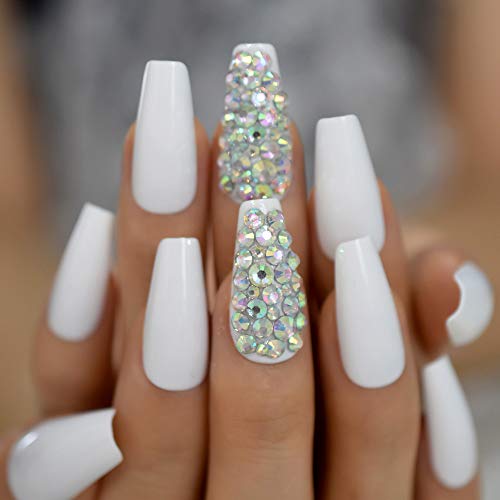 Long Glossy White AB Rhinestones Diamond Dรฉcor Tips Shiny Ballerina Fake Art Nails Coffin Salon False Nails - Image 5