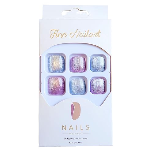 Holographic Cats Eyes Blue False Toe Nails,Grape Purple Shiny Diamond Glitter Design Press on Toenails,Ballet Lovely Short Square Toenails LANOVA FT-087 - Image 4