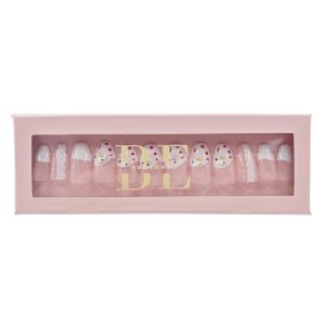 Reusable Press On Nails - French Tip Acrylic Coffin False Nail with Glue - Fake Gel Kit for Women or Girls - Beautiful Shape Artificial Finger Manicure - 12 Different Sizes - Short to Long | 24 Pack