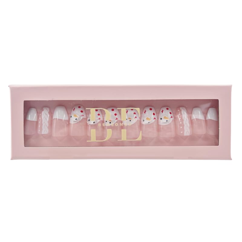 Reusable Press On Nails - French Tip Acrylic Coffin False Nail with Glue - Fake Gel Kit for Women or Girls - Beautiful Shape Artificial Finger Manicure - 12 Different Sizes - Short to Long | 24 Pack
