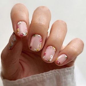 Press on Nails Square Short Fake Nails Pink False Nails with Colorful Flower Designs Glossy Acrylic Artificial Nails Spring Summer Floral Full Cover Glue on Nails for Women Nail Art Decorations 24Pcs