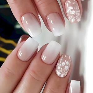 White Press on Nails Medium Square - Valentine's Day Fake Nails White Ombre False Nails Press ons With Cute Flowers Designs Nail Tips Full Cover Acrylic Glue on Nails for Women DIY 24Pcs