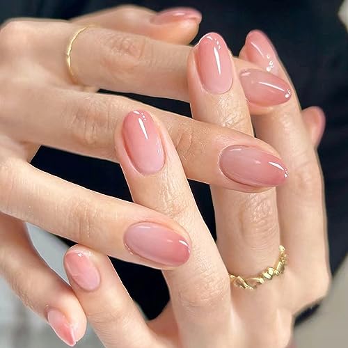 Sweet Pink Gradient Medium Oval Glossy Reusable Press on Nails Set