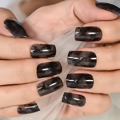 Ink Pattern Squoval Short Soild Color Black Color Press On Nails Salons At Home Daily Wear Reusable Manicure Datechable Fingernails Uv Gel Glossy Nail Tips Cute Lovely Cosplay Wear - Image 5