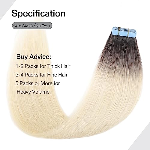 Tape in Hair Extensions Human Hair Ombre Dark Brown Roots to Platinum Blonde, 14 Inch 40 Gram Real Remy Seamless Straight, 2/60 - Image 2