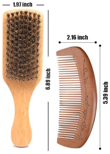 Wooden Boar Bristle Hair Brush and Comb Set, Paddle Boar Hairbrush for Smoothing Fine Thin Hair and Beard, Peach Wood Comb for Detangling, Boar Hair Beard Brush for Men, Make Hair and Beard Shiny Soft - Image 5