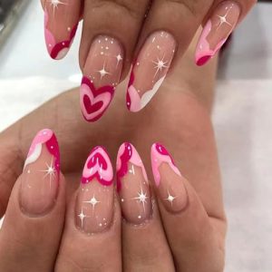 Valentine's Day Press on Nails Medium Almond Nails Press ons Rose Red Heart Fake Nails Nude Full Cover Acrylic Nails Glossy False Nails with Stars Designs Ripple Artificial Nails for Women 24Pcs