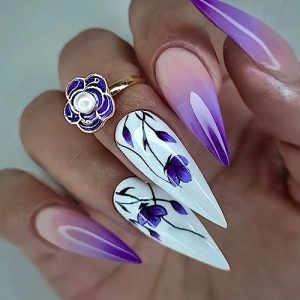 Long Press on Nails Stiletto Fake Nails with Purple Gradient Purple Flower Design Full Cover White Violet Gradient Artificial Nails for Women and Girls Summer Holiday Extra Long Acrylic Nails, 24 pcs