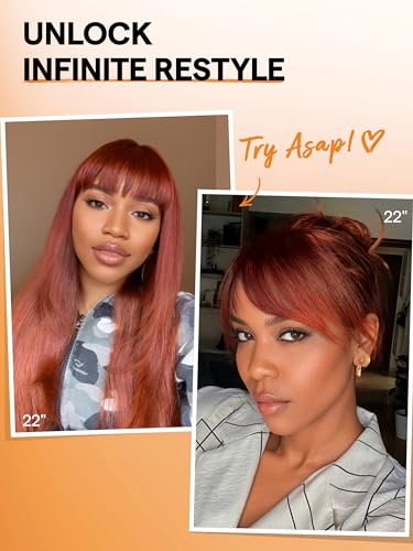 Straight Layered Wigs with Bangs Glueless Ginger Orange Wig 22 Inch Put On Go Wigs Crafted with Style-Archive™ Technology: Fiber & Remy Human Hair Blended with Natural Pre-Plucked Hairline - Image 2