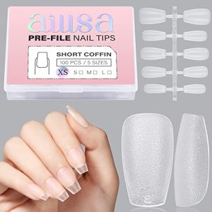 AILLSA Short Coffin Nail Tips, 5-Sized XS Full Cover Soft Gel Nail Tips No More Waste, Full Matte Pre-filed Acrylic Clear False Gelly Nails Tips for DIY Press On Nail Extensions 100Pcs with Gift Box