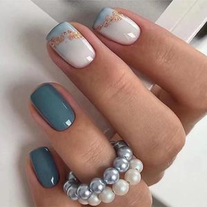 Square Press on Nails Short Sea Blue Fake Nails Glossy Acrylic Nails Press ons Full Cover False Nails with Golden Glitter Designs Glue Stick on Nails for Women Girls 24 Pcs