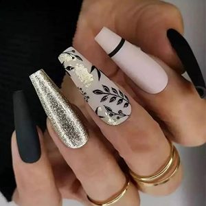 Press on Nails Medium Acrylic Fake Nails Black Leaves Gold Glitter Nail Tip Nail Design False Nails Acrylic Black Stick on Nails for Women for Nail Art Nail Art Decorations 24PCS