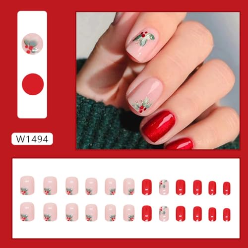 24 Pcs Red Press on Nails Short Square - Valentines Fake Nails Press ons Full Cover Nail Tips with Flowers Design Acrylic Nail Kit False Nails Stick on Nails for Women Manicure - Image 2