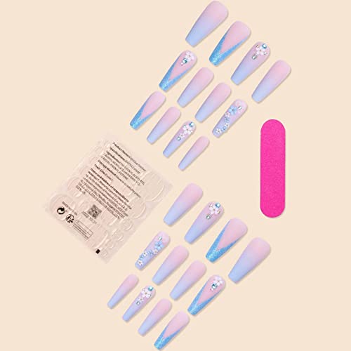 MISUD 24 pcs Long Ballerina Blue Gradient Matte Acrylic Press on Nails with Rhinestones - Image 5