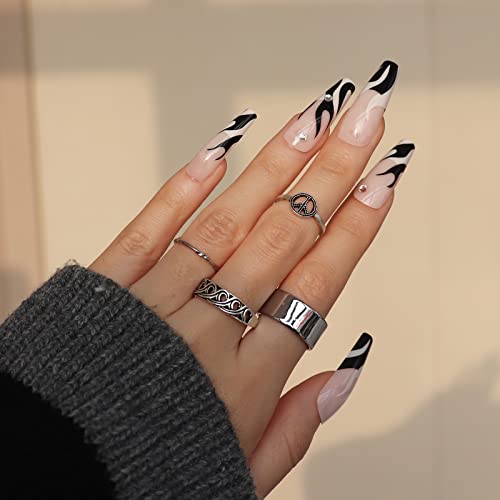 IMSOHOT Coffin Press on Nails Long Press on Nails White French Tips Black Flame False Nails with Designs Rhinestone Full Cover Glossy Ballerina Acrylic Nails for Women 24Pcs - Image 2