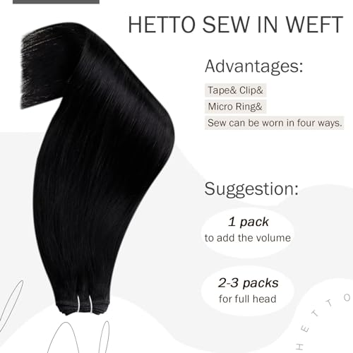 Hetto Black Weft Hair Extensions Human Hair Weft Extensions Remy Human Hair 14 Inch 80g #1 Jet Black Sew in Human Hair Weft Extension - Image 5