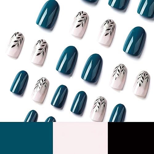 24 Pcs Fall Press on Nails Medium, LPOODDNU Almond Press on Nails Black Leaf Fake Nails, Full Cover Blue Glue on Nails, Reusable Stick on Nails - 24Pcs Medium Almond False Nails Set - Image 6