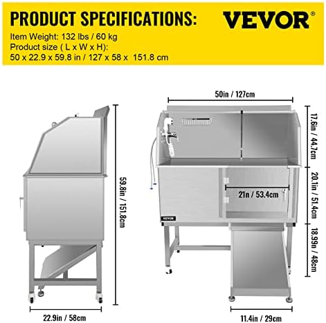 VEVOR Dog Grooming Tub, 50" R Pet Wash Station, Professional Stainless Steel Pet Grooming Tub Rated 330LBS Load Capacity, Non-Skid Dog Washing Station Comes with Ramp, Faucet, Sprayer and Drain Kit - Image 7