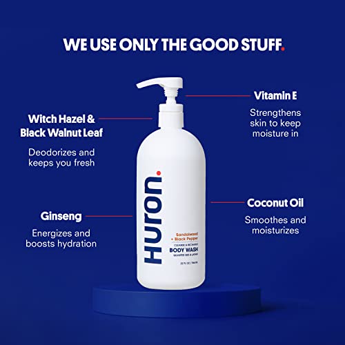 Huron Men’s Moisturizing Body Wash - Clean & Woody Scent of Sandalwood, Black Pepper, Cedarwood, & Amber - Made With Coconut Oil, Vitamin E & Witch Hazel - Vegan, Cruelty-Free - 32 fl oz - Image 3