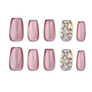 Glue Fake Press on Nails Short - Press on Nails for Women, Short Fake Nails Stick Glue on Nails Coffin, Burgundy Classy Acrylic Artificial Nail Gift for Women/Adult Party-Radiant Bijoux(M)