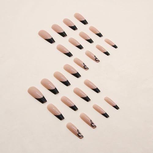 Black French Tip Press on Nails Square Medium Fake Nails with Glossy Design Coffin Gel Glue on Nails for Women Acrylic False Nails with Glue Stick on Nails for Wedding Birthday 24Pcs DK50212 - Image 3