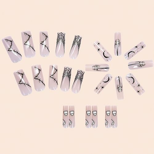 24Pcs Halloween Press on Nails Long Fake Nails Black Spider Web French Tip False Nails Cute Ghost Spider Star Moon Nails Design Halloween Glue on Nails Full Cover Square Acrylic Nails Kit for Women - Image 5