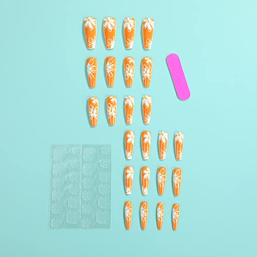 Long Press on Nails Coffin Fake Nails with Nail Glue Full Cover Orange False Nails with Flower Designs Acrylic Artificial Nails Stick on Nails for Women Nail Decorations 24Pcs - Image 3