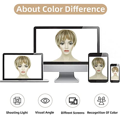 MIMAN Pixie Cut Wig Short Blonde Wigs with Bangs Fluffy Layered Synthetic Hair Wigs Mommy Wig Short Hair Styles for Women (Blonde Mixed Brown) - Image 9