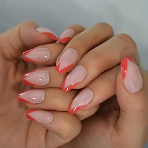Short Coffin Red Color French V Shape Press On Nails Uv Gel Fingernails Salons At Home Glossy Nails Red Top Artificial Manicure With 24 Pcs Adhesive Sticker Tabs Woody Stick Mini File Daily Wear - Image 4