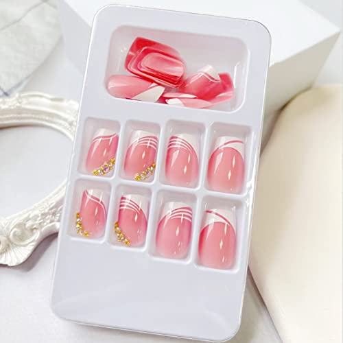 French Tip Press on Nails Short Square Fake Nails White Tips Pink Glue on Nails with Rhinestones Designs Short French Acrylic Nails Square Shape Stick on Nails for Women Manicure Decorations, 24pcs - Image 4
