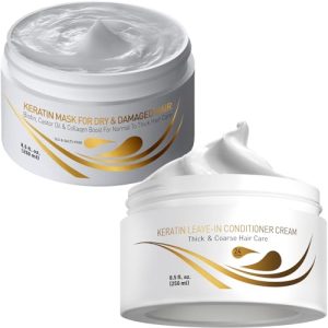 Vitamins Keratin Thick Hair Leave-In Conditioner and Hair Mask Kit - No Rinse Moisturizing Cream and Repair Treatment for Dry Damaged Curly Wavy and Straight Thick Coarse Hair - Pro Salon Hair Care