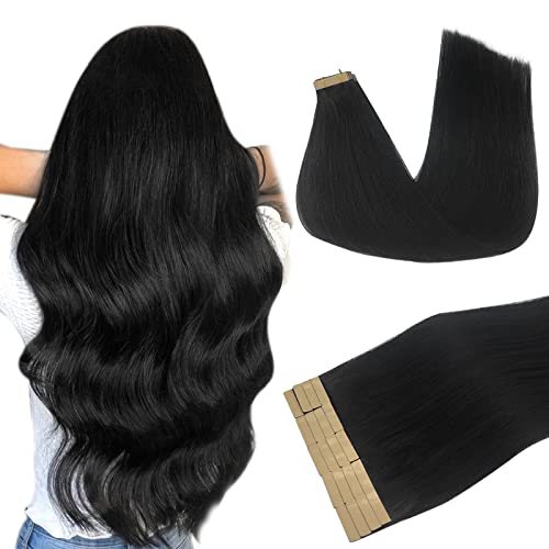 DOORES Tape in Hair Extensions Human Hair, 18 Inch 50g 20pcs Jet Black, Human Hair Extensions Tape in Remy Straight Hair Extensions Skin Weft Double Side Tape