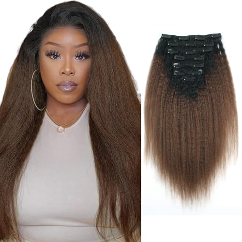 ABH AMAZINGBEAUTY HAIR Kinky Straight Clip in Hair Extensions Human Hair 20 Inch Kinky Straight Clip on Human Hair Ombre Clip in Extensions for Black Girl T#1B/4 Dark Brown Double Wefts 120G/7Pcs